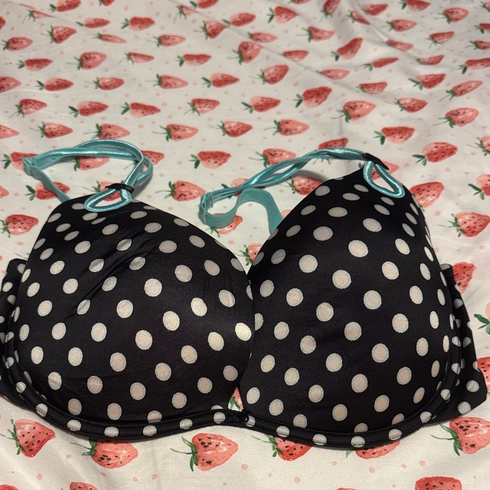 Victoria's Secret Black Bra with White Polka Dots and Aqua Straps